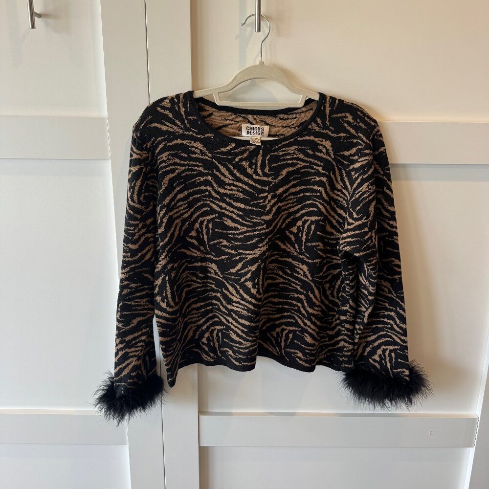 Chicos Design Animal Print Linen and Cotton Top Faux Fur